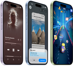 iPhone 17 devices, exterior front, exterior side, demonstrating Apple Music, Visual intelligence, gaming, buttons: Action button, volume