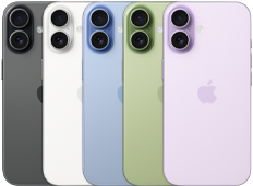 iPhone 17, exterior rear, Fusion dual-camera system, all five colors overlapping: Black, White, Mist Blue, Sage, and Lavender