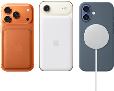 iPhone 17 Pro, back exterior, Cosmic Orange color, FineWoven Wallet with MagSafe in Fox Orange color; iPhone Air, back exterior, Light Gold color, with Magsafe Battery; iPhone 17, back exterior, Mist Blue color, with Silicone Case in Anchor Blue color and MagSafe Charger