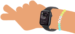 Cartoon illustration of kid's wrist wearing Apple Watch SE 3 with the Messages app open on the screen